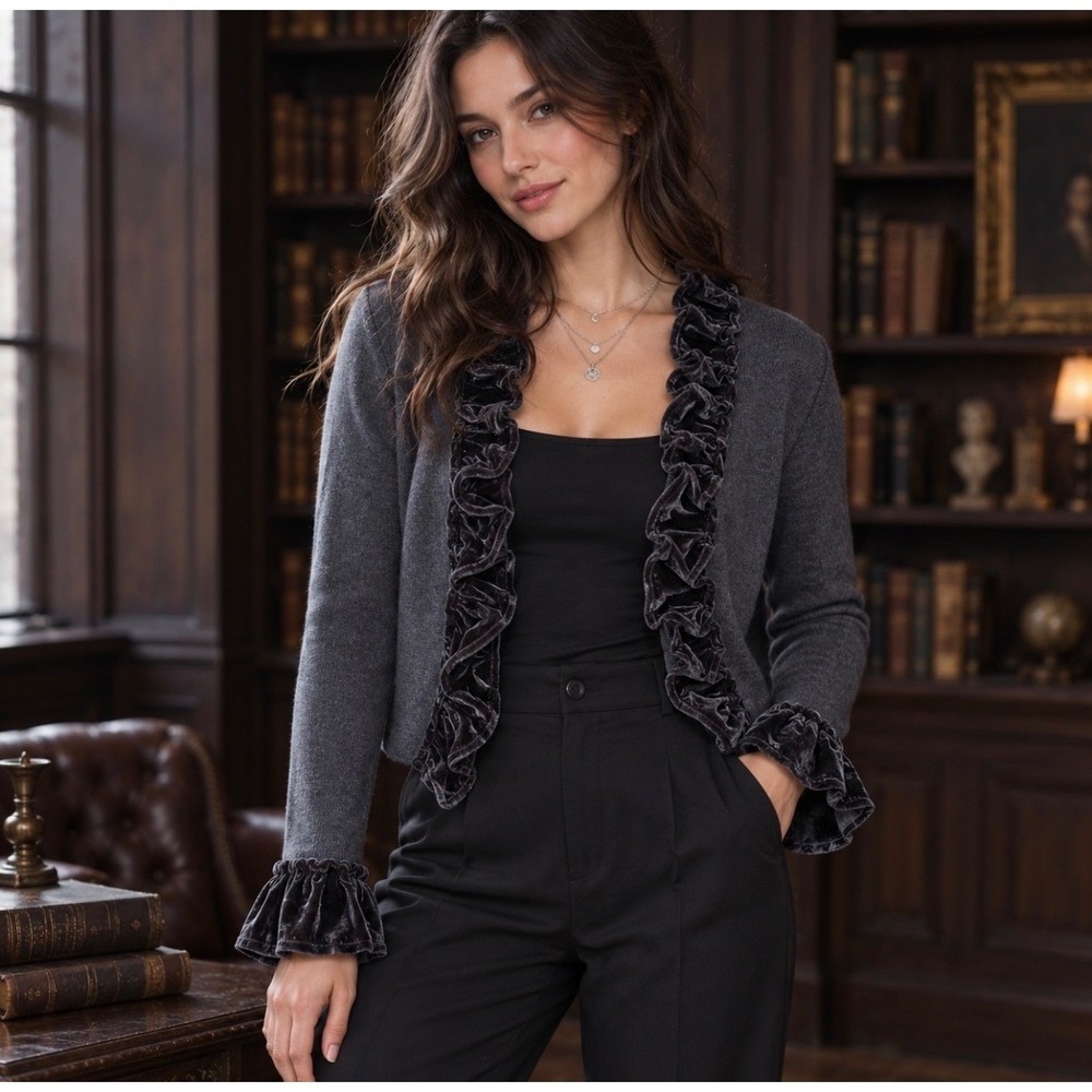Dressbarn Collection XL Gray Velvet Ruffle Cardigan Dark Romantic Goth